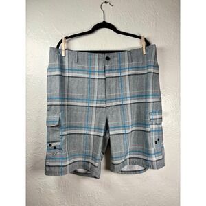 Ocean Current Mens Grey Blue Plaid Cargo Board Shorts Hybrid Swim Trunks Size 40